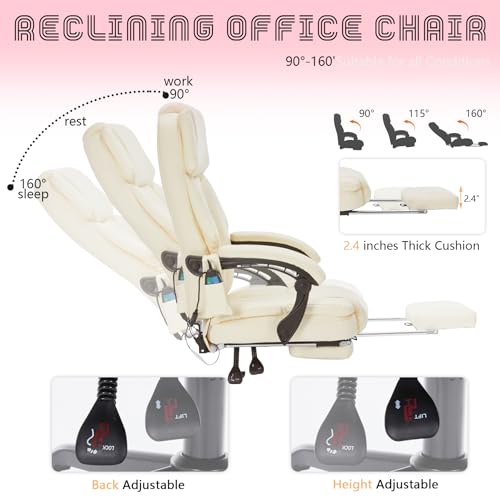 Image of Massage Office Chair with Foot Rest 6 Points Vibration and Heat Home Office Desk Chairs for Heavy People 400lbs Reclining Managerial Chairs Ergonomic Executive Chair (Cream)
