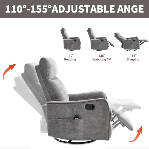Image of Manual Swivel Rocker Recliner Chair for Adults, Overstuffed Reclining Glider Chair for Nursing with Vibration Massage & Heat, Living Room Rocking Recliner 2-Stage backrest, Chenille Fabric Dark Gray