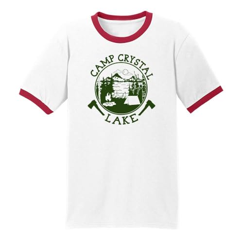 Vintage Camp Crystal Lake Counselor Ringer T-Shirt for Horror Fans White/Red L