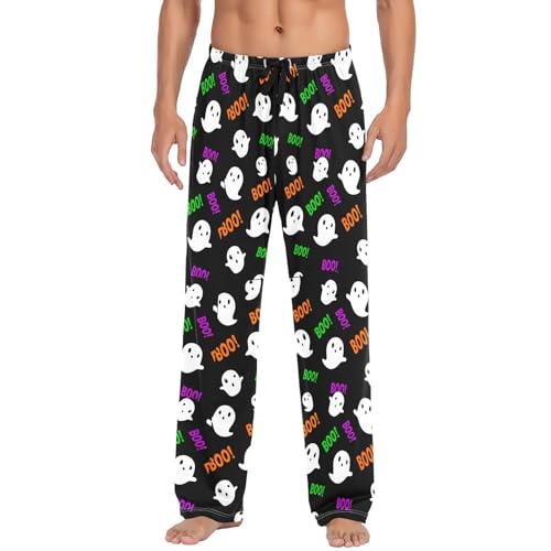 White Cartoon Spirits Men's Cotton Pajama Pants with Pockets and Drawstring Comfortable and Stylish,S2