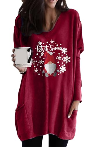 EFOFEI Damen Weihnachts Drucken Oberteil Lässiges Weihnachtskleid Basic Mini Kleid Schlankes Oberteil mit Langen Ärmeln Weihnachtsmann Burgundisch...