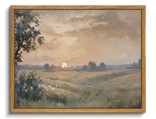 KISSFOX Framed Wall Art Vintage Wall Art Sunset Scenery Canvas Art Landscape Pictures Countryside Paintings Neutral Artwork Farmhouse Prints For Bedroom Kitchen Living Room