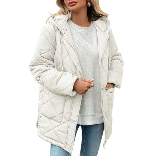 HOTIAN Womens Quilted Puffer Jackets Hooded Long Sleeve Full Zipper Casual Winter Lightweight Diamond Coats with Pockets(Beige-S)
