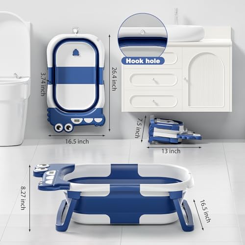 Image of Collapsible Baby Bathtub for Newborn, Foldable Baby Bath Tub with Thermometer & Soft Floating Cushion & Drain Hole, Portable Travel Infant Bath Tubs for Newborns to Toddlers 0-36 Months Boy,NavyBlue