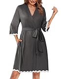 Ekouaer Women Kimono Robe 3/4 Sleeves Loungewear Dress Knee Length Sleepwear Pockets Housecoat Short Bathrobe