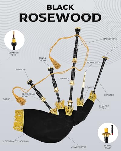 Highland Redstone Professional Full-Size Rosewood Scottish Bagpipe – Lead-Free Glossy Black Finish | Gold-Engraved Mounts & Ferrules | Cowhide Leather Hard Case | Premium Reeds + FREE Practice Chanter - Thumbnail 4