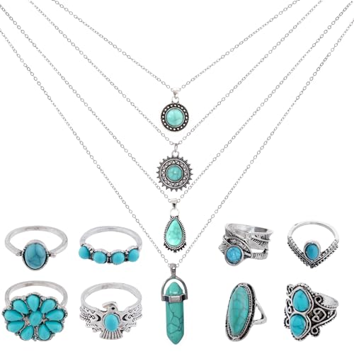 Yeabwps Turquoise Necklace Set - 12pcs Including 4pcs Layered Necklaces