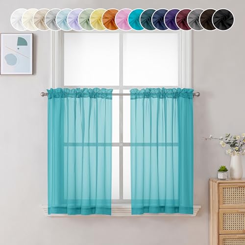 Image of Chyhomenyc Sheer Turquoise Tier Curtains 24 Inch Length, Small Window Curtains Treatment for Bathroom Living Room Basement, Short Rod Pocket Cafe Curtain, 42W x 24L Inches, 2 Panels