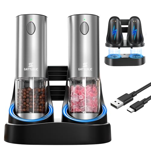 Electric Salt and Pepper Grinder Set, Automatic Pepper Mill Grinder w/Upgraded Charge Base and LED Light,Adjustable Coarseness,Rechargeable Black Peppercorn & Sea Salt Spice Mill Set