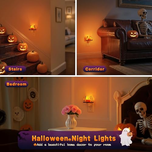 Image of JandCase Halloween Night Light, Amber Night Lights Plug into Wall | Cute & Funny Flaming Jumping Night Light, Plug in Ghost & Pumpkin Nightlight 360 Rotatable Kids Halloween Party Decor 1 Pack