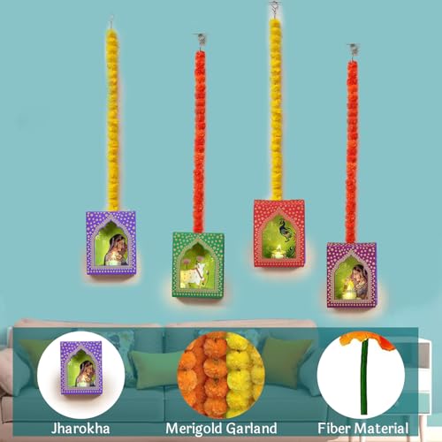 Image of CraftVatika LED Jharoka Deep Hanging - Set of 4 Diwali Decoration Items Marigold Garland Decoration, Wall Hanging Decor Items Home Decor Festive Decor Items,