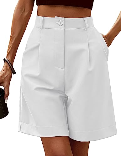 HOTOUCH Womens Knee Length Shorts High Rise Wide Leg Shorts Lightweight Pleated Lounge Shorts with Pockets White M