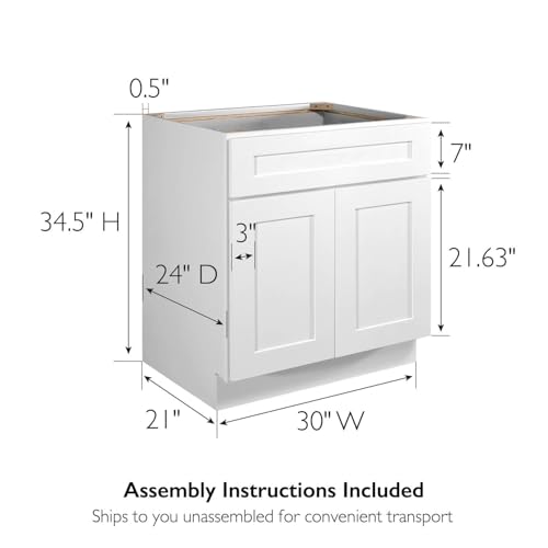 Image of Brookings Shaker Unassembled Sink Base Kitchen Cabinet SB30, 30 W x 24 D x 34.5 H, Painted White with Sherwin Williams, Solid Wood - Design House, 561472