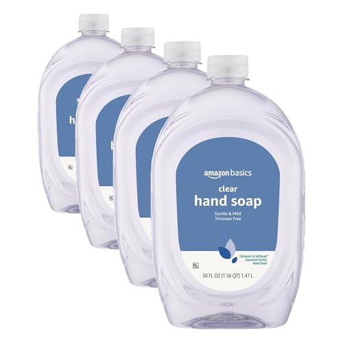 Image of Amazon Basics Gentle & Mild Clear Liquid Hand Soap Refill, Triclosan-Free, Dermatologist-Tested, pH Balanced, Cruelty-Free, 50 Fluid Ounces, 4-Pack (Previously Solimo)