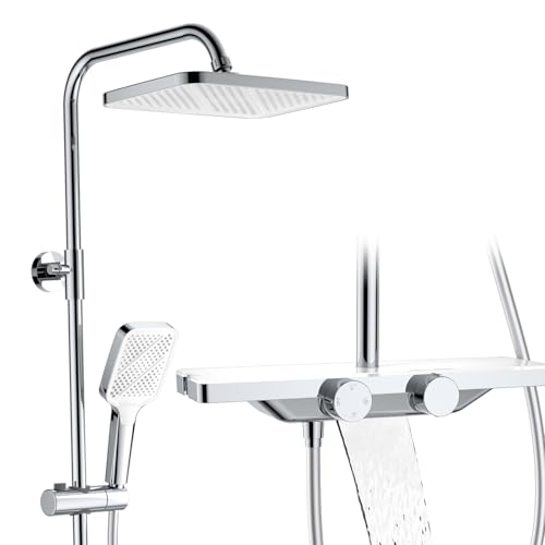 HOMELODY Duschsystem mit Thermostat und Glasablage Chrom - Duscharmatur Komplettset mit 30cm, Handbrause 3 Strahlarten und Unterer Auslauf - Duschset Regendusche mit Armatur HOMELODY Duschsystem mit Thermostat und Glasablage Chrom - Duscharmatur Komplettset mit 30cm, Handbrause 3 Strahlarten und Unterer Auslauf - Duschset Regendusche mit Armatur