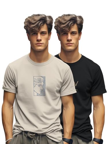 Image of BULLMER Trendy Printed Cotton Blend Crew Neck /Round Neck Half Sleeve Tshirt for Men- Pack of 2