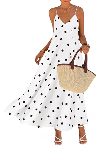 Image of KIRUNDO Womens Polka Dot Spaghetti Strap Flowy Maxi Dress | Sleeveless V Neck Boho Long Dresses, 2026 Summer Beach Vacation Cruise Outfits, A-Line Backless Sundress With Pockets