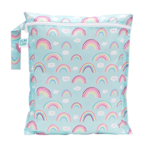 Image of Bumkins Waterproof Wet Bag for Baby, Travel, Swim Suit, Cloth Diapers, Pump Parts, Pool, Beach, Gym Clothes, Toiletry, Hook to Stroller, Daycare, Zipper Reusable Wetdry Packing Pouch, Rainbows Blue