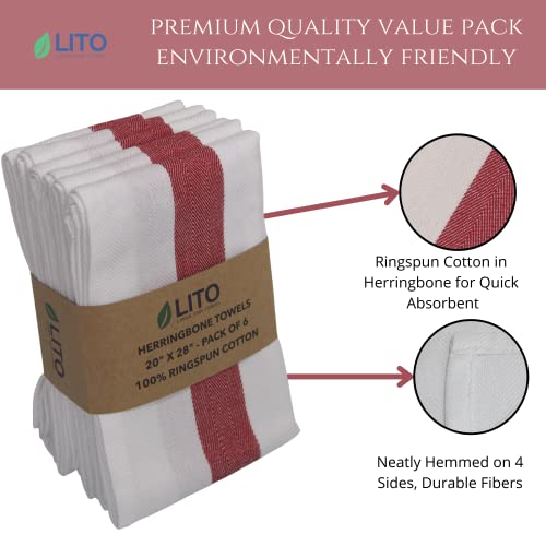 Lito Linen And Towel Kitchen Towels | 100% Cotton Dish Towels Premium Quality | 20"X28" Herringbone Red Stripe 6-Pack | Hand Towels, Tea Towels, Dish Cloth| Highly Absorbent Bar Towels #TOP1