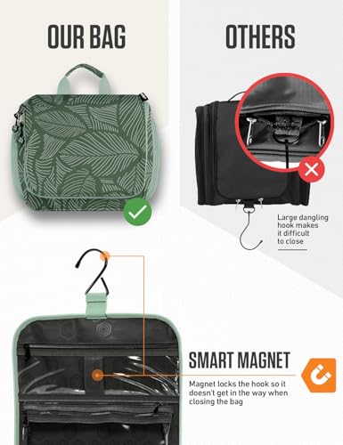 Image of VENTURE 4TH Hanging Travel Toiletry Bag, 17 Compartments - Green Leaves | Hangs on rails, hooks or doors; stands upright too. Removable TSA pouch. Water-resistant 900D Nylon, reinforced stitching.
