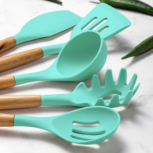 Image of Premium Silicone Kitchen Spatula Set for Cooking | Heat Resistant Spatula for Non Stick Pan with Wooden Handle & Holder | Steel Core Silicone Spatula | Non-Stick Kitchen Utensils Set (12 Pcs)
