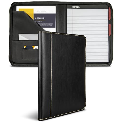 Image of Samsill Contrast Stitch Leather Zippered Portfolio Folder /Business Portfolio for Men and Women, Resume /Document Organizer with Writing Pad, Black (71720)