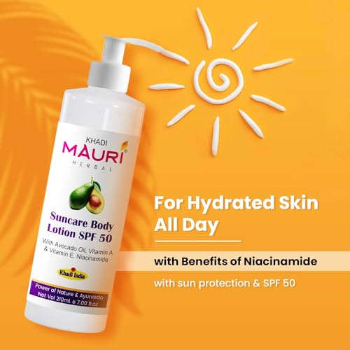 Image of Khadi Mauri Herbal Suncare Body Lotion (Sunscreen) SPF 50 | Broad Spectrum | Hydrates & Nourishes Skin | Enriched with Avocado Oil, Vitamin A & E, Niacinamide | 210 ml