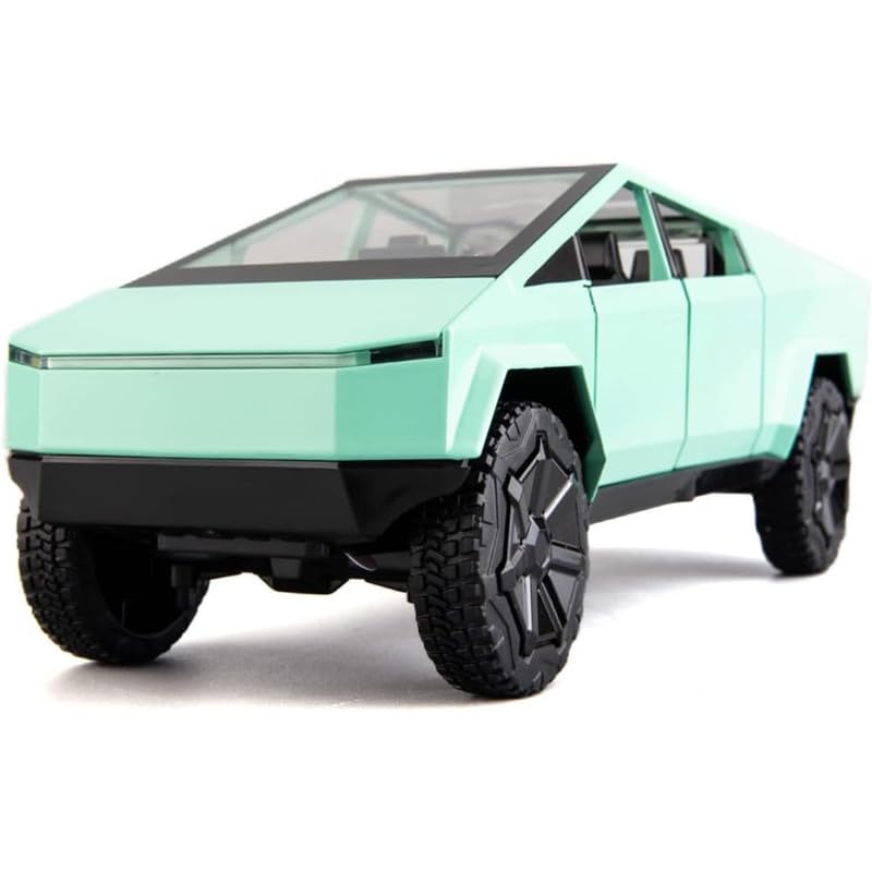 Image of Kids Model 1:24 Cyber Truck Die Cast Metal Car Pull Back Action Opening Doors with Realistic Engine Sound Lights Toy Car Gift for Boys - Green