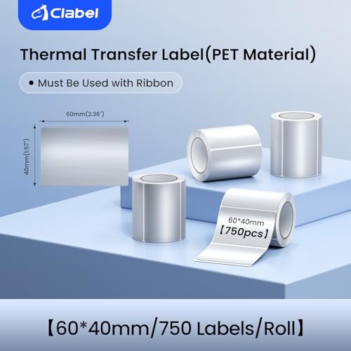 Image of Clabel Thermal Transfer Silver PET Labels 2.36 x 1.57 in (60 x 40 mm) for Barcode and Asset Identification, 750 Labels per Roll, Inventory & Equipment Labels, Compatible with Thermal Transfer Printers