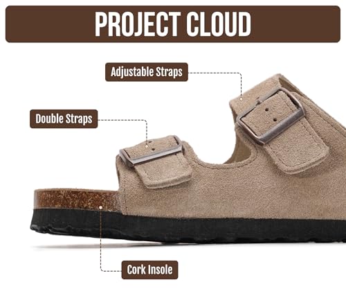 Image of Project Cloud 100% Genuine Leather Flat Sandals For Women 2026 Cork Footbed Womens Sandals with Memory Foam and arch support Vacation Essentials Slides for Women Footwear (Venita)