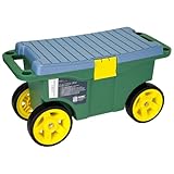 HMF Chariot de jardin 2 en 1 avec siège et espace de rangement, tabouret de jardin avec grandes roulettes, siège roulant pour le jardinage jusqu'à 100 kg | 55 x 26,5 x 29,5 cm | Vert