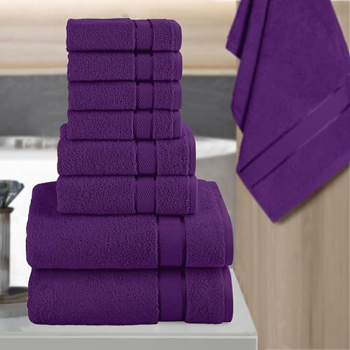 Image of Elegant Comfort Premium Cotton 8-Piece Towel Set, Includes 4 Washcloths, 2 Hand Towels and 2 Bath Towels, 100% Turkish Cotton - Highly Absorbent and Super Soft Towels for Bathroom, Purple