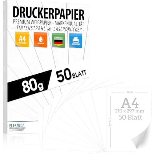 Druckerpapier A4 80g weiß – 50 Blatt - PREMIUM PAPIER Reinweiß - DIN A4-21 x 29,7 cm - Kopierpapier, Laserdrucker & Tintenstrahl für Uni, Fotografie, Präsentationen Ideal für Büro & Office - 50 BLATT