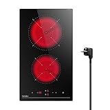 Hermitlux piano cottura vetroceramica 28,8 cm, 2 fouchi, 9 livelli di potenza, controllo tattile, timer, sicurezza bambini, adatto a tutte le pentole, 3300W