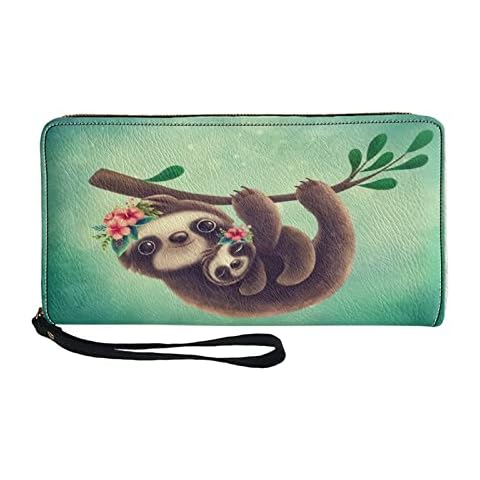 STUOARTE Large Capacity Purse for Ladies, Sloth Mother and Child Design, Pu Leather Multiple Credit Card Slots Wallet, Zipper Around Soft Long Clutch Handbag Cover