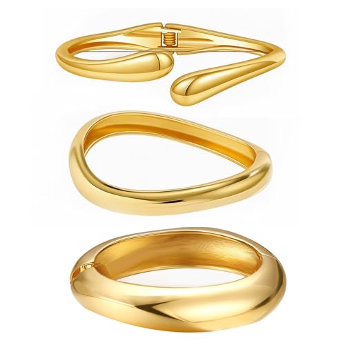 Chunky Gold Bangles for Women Gold Cuff Bracelet Set Dainty 14k Gold Plated Waterproof Non Tarnish Chunky Stack Bracelet for Women Jewelry Gifts by Rainhonor - Used condition - US$12.56