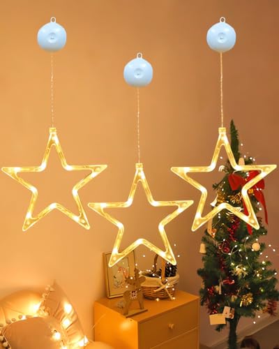Anmossi LED Luces de Navidad,3 Piezas Cortina Luces de Navidad,10 LED Luces de Ventana,Cortina Luces con Estrella a Pilas,Blanco Calido,Temporizador,Decoración para Interior Exterior Navidad Fiesta