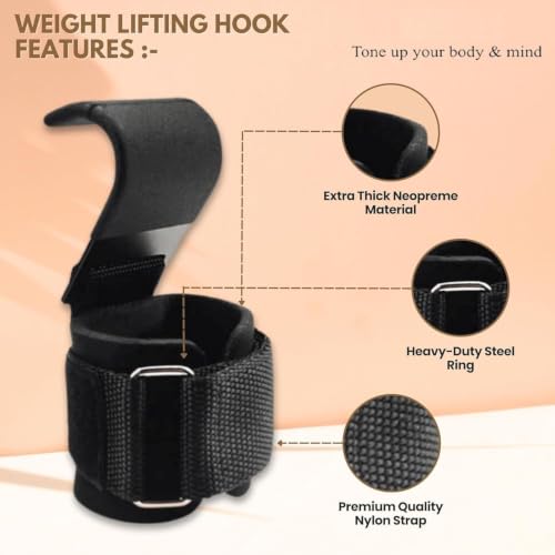 Image of Weight Lifting Hooks for Men & Women, Gym Wrist Straps with Steel Hooks, Adjustable Hook & Loop Closure, Pair of Weightlifting Grip Support for Deadlifts, Pull Ups, Shrugs, Rows & Strength Training, Black
