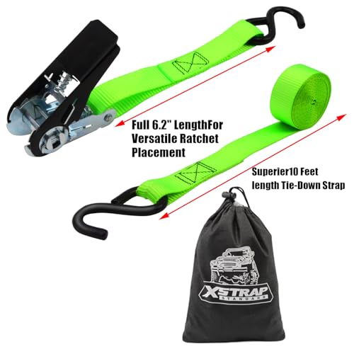 XSTRAP STANDARD Ratchet Tie Down Straps 4 Pk 10 Ft- 300 Lbs Load Cap- 900 Lbs Break Strength-Cargo Straps for UTV, ATV, Pickup,Truck, Moving Appliances, Lawn Equipment, Neon Green