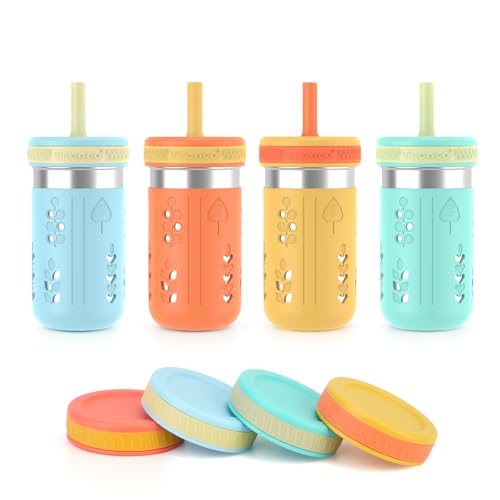 Image of Tronco 4 Pack 15oz 2-in-1 Stainless Steel Kids Tumbler Cups with Silicone Sleeves, Spill-Resistant Flexible Straws & Storage Lids, BPA-Free Smoothie and Snack Cups, Dishwasher Safe
