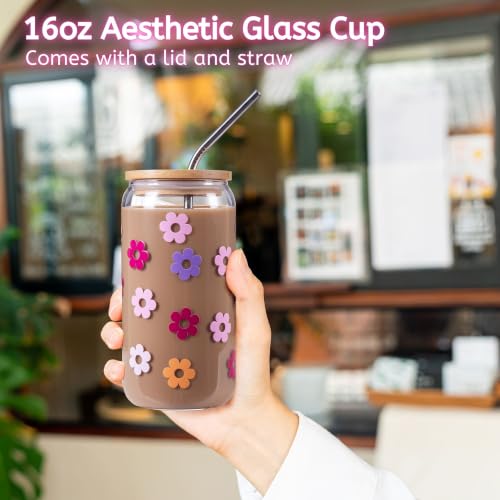 Image of JTEWB Birthday Gifts For Women, Teen Girl, Her, Happy Birthday Gift Box For Girl, Women, Sister, Daughter, Friends, Cute Daisy Aesthetic Glass Cups Gift Set 7pcs (Multicolor)