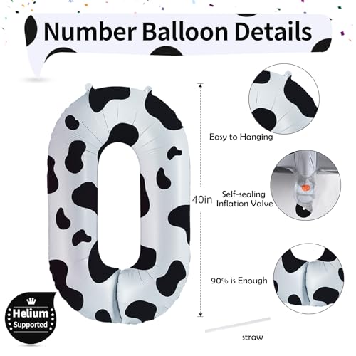 Image of Cow Print Number Balloons for Kids, 40 Inch Foil Helium 0-9 Set Balloons, Self Inflating Big Number 0 Balloon for Boys Girls Birthday Farm Animal Theme Cowboy Cowgirl Theme Party Decoration Supplies