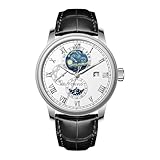 OBLVLO AM-FG - Orologio meccanico alla moda con stelle stellate, fasi lunari, cinturino in pelle, numeri romani, calendario completo automatico, AM-FG-YWBL, Tendenza