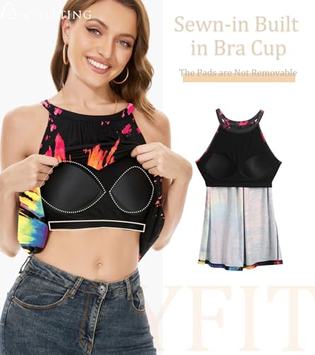 Image of Women Halter Tank Top with Built in Bra Flowy Sleevless Padded Camisole Loose Fit Summer Shirt Top S-3XL