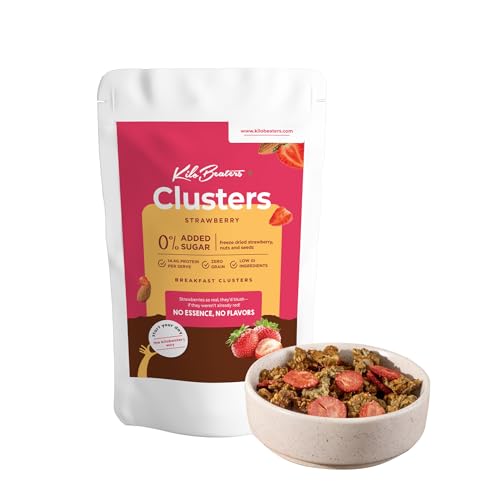 Image of Kilobeaters Clusters Muesli 400gm(Strawberry, Pack of 1) | 14.4g Protein Per Serve | Low Carb Breakfast Cereal for Nutrition | Whey isolate, Nuts & Seeds | 0%Added Sugar | Healthy Breakfast for Adults