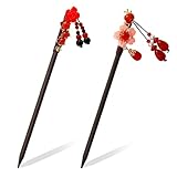 Paquete de 2 palillos de madera china, palillos de pelo con borlas de flores retro para mujer, accesorios japoneses hechos a mano, elegantes horquillas para cabello largo, perfectas para Hanfu y