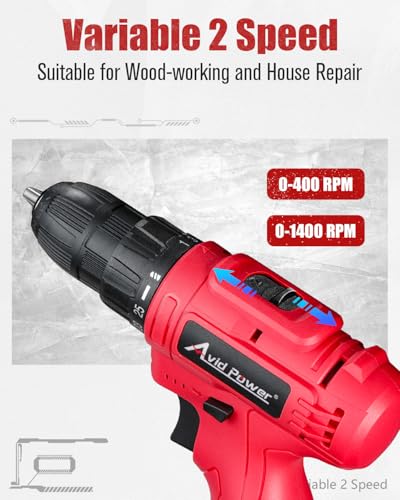 Image of AVID POWER 12V Cordless Drill Set 3 /8 inch Power Driver, 21 Bits for DIY-Red | 3 /8 inch Keyless Chuck, 25+1 Torque, 2 Speed Setting Max 1400 RPM, Rechargeable Battery & Charger, for Light-duty Household Use