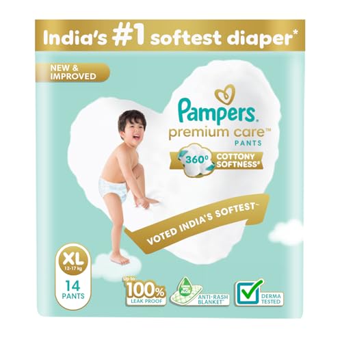Image of Pampers Premium Care Pant Style Baby Diapers XL 14 Count | No Marks Design | Voted India's #1 Softest Diaper | All in 1 diaper with 360 Cottony Softness