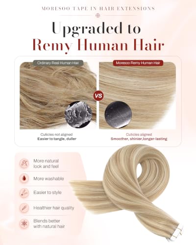 Image of Moresoo Tape Extensions Human Hair Honey Blonde Highlights 24in 20Pcs 50g | Seamless tape in hair extensions human hair, extra-long strands, warm blonde blend for braids and photo shoot styling