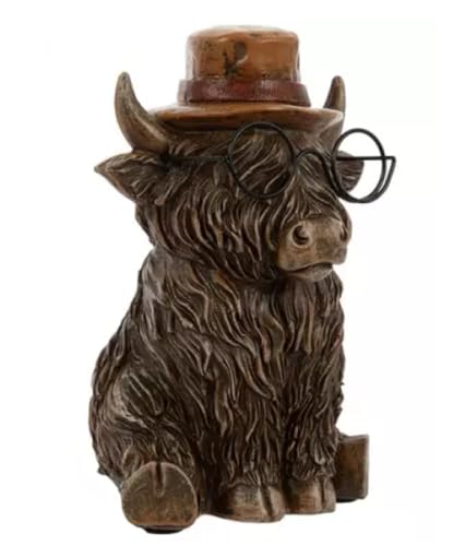 Hobby Lobby Highland Cow Figurine with Glasses and Hat, Rustic Farmhouse Decor, Brown Resin, 5.44 x 3.25 x 3 inches